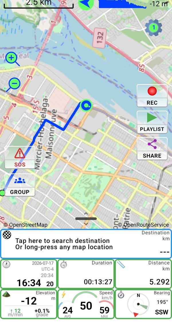 A real ride on the PathXplorer live map — track, elevation trace and dashboard tiles