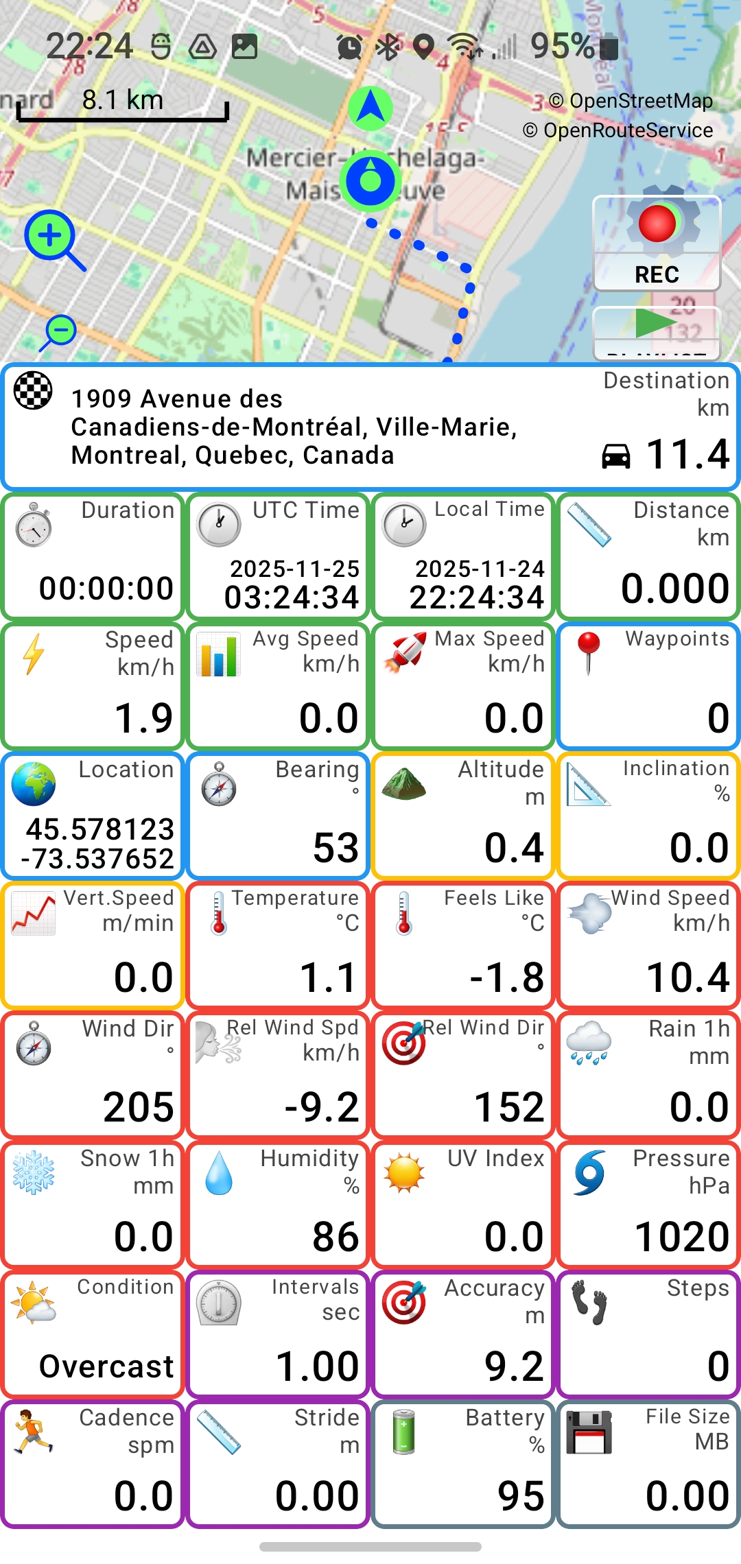 Full dashboard with destination address and weather tiles