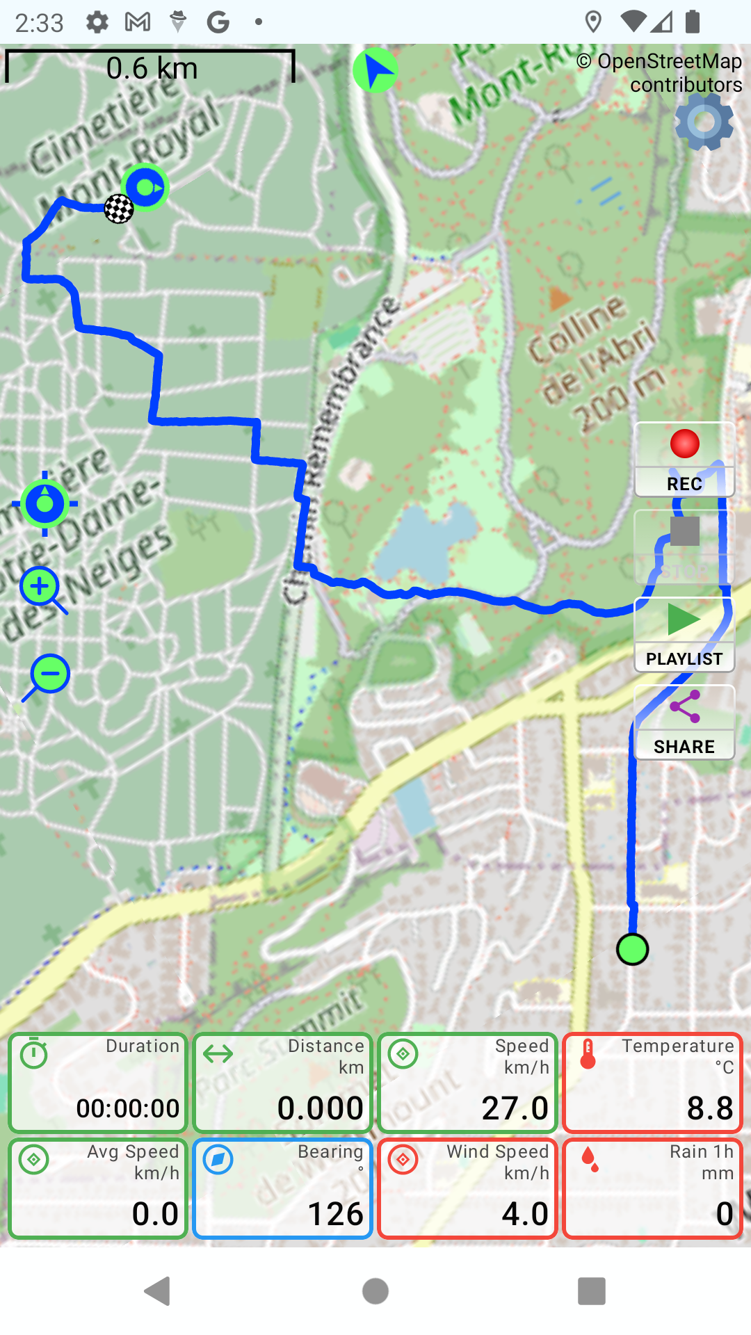 Recorded track across Mont-Royal park